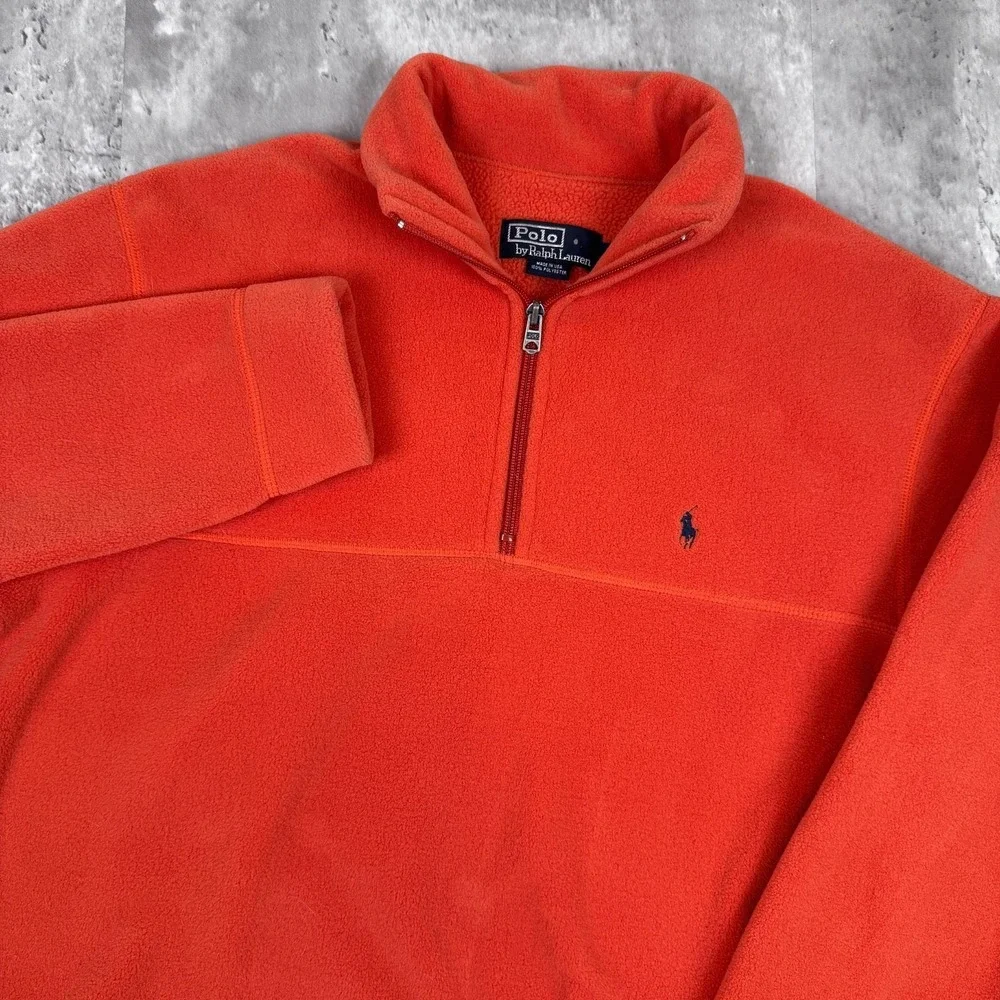 Vintage Polo Ralph‎ Lauren 1/4 Zip Fleece Mens Small Orange Preppy Pullover USA